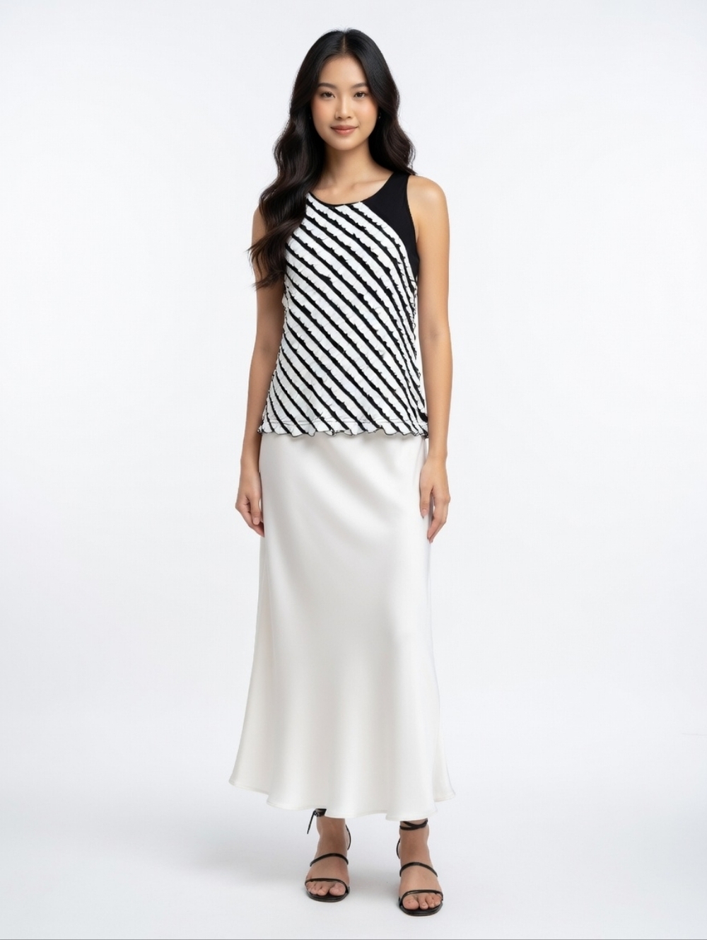 Black & White Monochromatic Romantic Ruffled Sleeveless Tank Top With Mesh